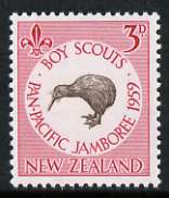 New Zealand 1959 Pan-Pacific Scout Jamboree 3d Kiwi unmounted mint, SG 771*, stamps on scouts, stamps on birds, stamps on kiwi