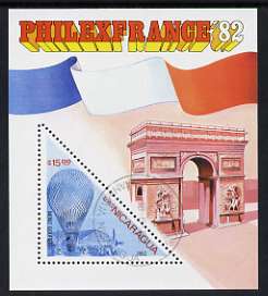 Nicaragua 1982 Mont Golfiere 15 cor triangular in m/sheet issued for Philexfrance 82 fine cto used, SG MS 2367, stamps on stamp exhibitions, stamps on heritage, stamps on triangulars