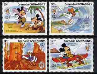 Grenada - Grenadines 1985 150th Birth Anniversary Mark Twain set of 4 with Disney characters illustrating scenes from Letters from Hawaii unmounted mint, SG 716-19, stamps on , stamps on  stamps on disney, stamps on  stamps on surfing, stamps on  stamps on rowing, stamps on  stamps on volcanoes, stamps on  stamps on dancing, stamps on  stamps on music, stamps on  stamps on literature