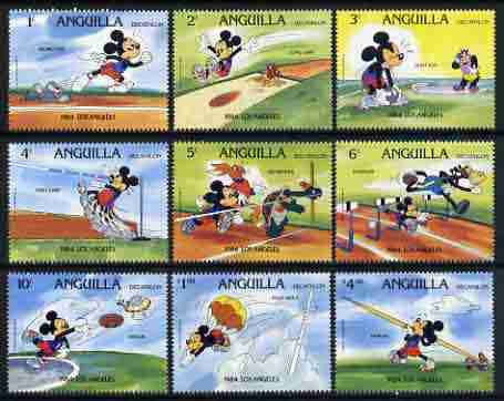 Anguilla 1984 Los Angeles Olympics set of 9 with Disney characters showing Decathlon disciplines (Running, Shot, Long Jump, High Jump, Hurdles, Discus, Pole Vault, Javeli..., stamps on disney, stamps on olympics, stamps on decathlon