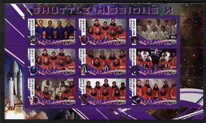 Malawi 2010 Space Shuttle Missions #10 perf sheetlet containing 9 values unmounted mint, stamps on space, stamps on shuttle