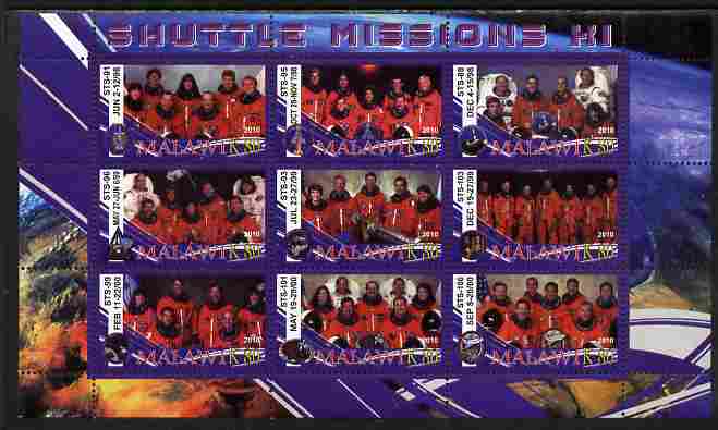 Malawi 2010 Space Shuttle Missions #11 perf sheetlet containing 9 values unmounted mint, stamps on space, stamps on shuttle