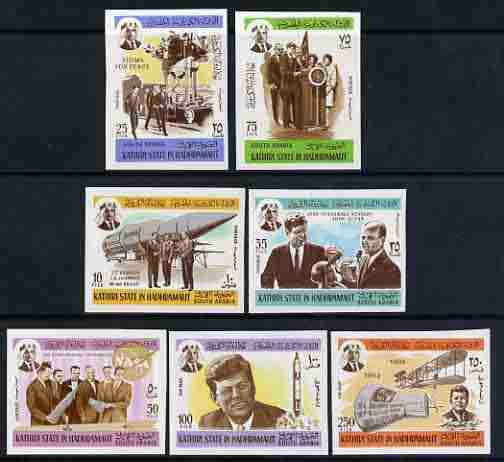 Aden - Kathiri 1967 Kennedy (Space pioneers) imperf set of 7 unmounted mint, Mi 166-72B, stamps on personalitlites, stamps on kennedy, stamps on space, stamps on atomics
