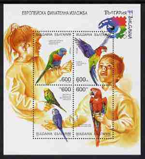 Bulgaria 1999 Stamp Exhibition sheetlet of 4 featuring children with parrots and budgerigars, unmounted mint, stamps on stamp exhibitions, stamps on parrots, stamps on budgerigars