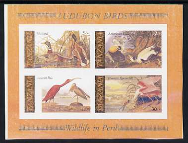 Tanzania 1986 John Audubon unmounted mint imperf colour proof of m/sheet printed in all colours but several being very dry (SG MS 468), stamps on audubon, stamps on birds, stamps on ducks, stamps on mallard, stamps on eider, stamps on ibis, stamps on spoonbill