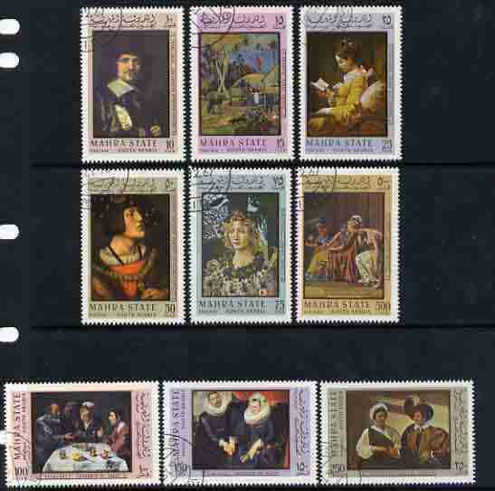Aden - Mahra 1967 Paintings perf set of 9 fine cto used, Mi 48-56, stamps on arts, stamps on botticelli, stamps on  caravaggio, stamps on van dyck, stamps on david, stamps on hals, stamps on gauguin, stamps on velasquez