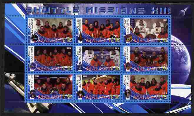 Malawi 2010 Space Shuttle Missions #13 perf sheetlet containing 9 values unmounted mint, stamps on space, stamps on shuttle