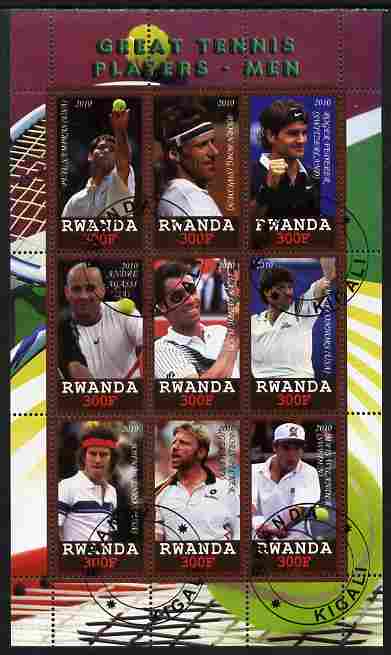Rwanda 2010 Great Tennis Players - Men perf sheetlet containing 9 values fine cto used, stamps on sport, stamps on tennis