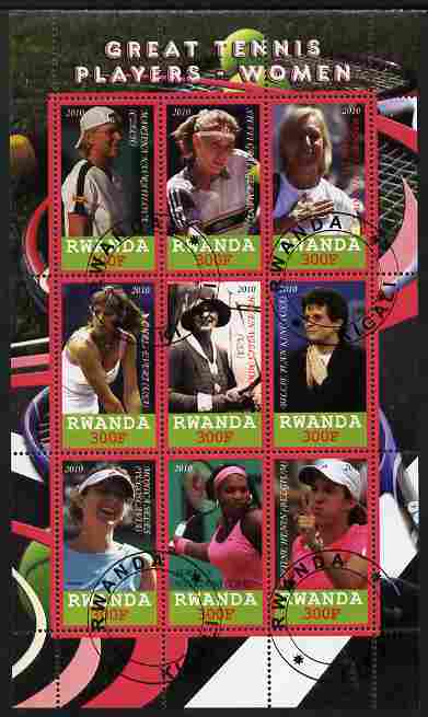 Rwanda 2010 Great Tennis Players - Women perf sheetlet containing 9 values fine cto used, stamps on , stamps on  stamps on sport, stamps on  stamps on tennis, stamps on  stamps on women
