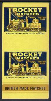 Match Box Labels - North of England Match Co Ltd, West Hartelpool All Round the Box matchbox label for Rocket Matches showing Rocket locomotive and tender., stamps on railways