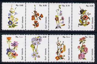 Surf Island Flowers perf set of 8 (white background) in two se-tenant strips of 4, unmounted mint, stamps on flowers