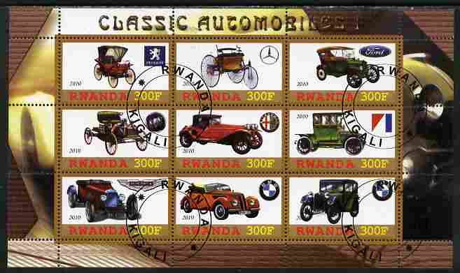 Rwanda 2010 Classic Cars #1 perf sheetlet containing 9 values fine cto used, stamps on cars