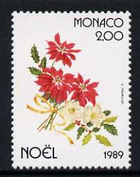 Monaco 1989 Poinsettia, Christmas Rose & Holly 2f unmounted mint, SG 1961, stamps on flowers, stamps on christmas