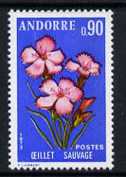 Andorra - French 1973 Wild Pinks 90c from Pyrenean Flowers set of 3 unmounted mint, SG F250, stamps on flowers