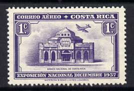 Costa Rica 1938 Plane Over Bank 1c (from national Exhibition set) unmounted mint, SG 244, stamps on aviation, stamps on banks, stamps on money, stamps on finance