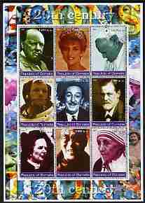 Somalia 2002 Personalities of the 20th Century #2 perf sheetlet containing 9 values, fine cto used (Churchill, Pope, Disney, N Armstrong, Diana, Mother Teresa, etc), stamps on personalities, stamps on millennium, stamps on pope, stamps on religion, stamps on disney, stamps on movies, stamps on films, stamps on royalty, stamps on diana, stamps on churchill, stamps on nobel, stamps on teresa, stamps on space, stamps on 