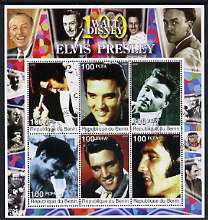 Benin 2002 Birth Centenary of Walt Disney perf sheetlet containing 6 values showing Elvis (with Disney in borders) fine cto used, stamps on elvis, stamps on music, stamps on entertainments, stamps on films, stamps on disney, stamps on cinema