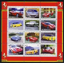 Mordovia Republic 2001 Ferrari Cars perf sheetlet containing set of 12 values unmounted mint, stamps on cars, stamps on ferrari