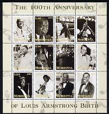 Mordovia Republic 2001 Louis Armstrong perf sheetlet #2 (yellow text) containing set of 12 values complete unmounted mint, stamps on music, stamps on jazz, stamps on entertainments, stamps on personalities