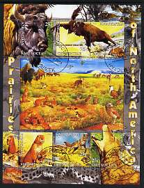 Kyrgyzstan 2004 Fauna of the World - Prairies of N America perf sheetlet containing 6 values cto used, stamps on animals, stamps on dogs, stamps on bison, stamps on birds, stamps on wolves, stamps on bovine