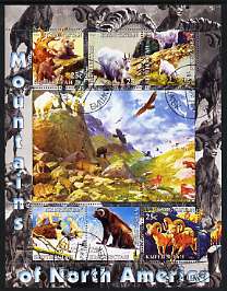 Kyrgyzstan 2004 Fauna of the World - Mountains of North America perf sheetlet containing 6 values cto used, stamps on animals, stamps on bears, stamps on birds, stamps on birds of prey
