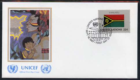 United Nations (NY) 1987 Flags of Member Nations #8 (Vanuatu) on illustrated cover with special first day cancel, stamps on flags