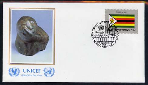 United Nations (NY) 1987 Flags of Member Nations #8 (Zimbabwe) on illustrated cover with special first day cancel, stamps on flags