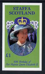 Staffa 1986 Queens 60th Birthday imperf souvenir sheet (Â£1 value) unmounted mint, stamps on royalty, stamps on 60th birthday