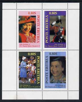 Eritrea 1986 Queen's 60th Birthday perf sheetlet containing set of 4 stamps, stamps on royalty, stamps on 60th birthday