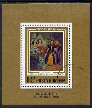 Rumania 1973 Socfilex III Stamp Exhibition (Painting by Livaditti) m/sheet cto used SG MS 4007, stamps on arts, stamps on stamp exhibitions