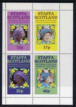 Staffa 1985 Life & Times of HM Queen Mother perf sheetlet of 4 values (13p, 17p, 25p & 45p) unmounted mint, stamps on royalty, stamps on queen mother