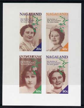 Nagaland 1985 Life & Times of HM Queen Mother imperf sheetlet of 4 values (20c, 40c, 60c & 80c) unmounted mint, stamps on royalty, stamps on queen mother