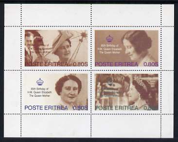 Eritrea 1985 Life & Times of HM Queen Mother perf sheetlet of 4 values (4 x 0.80s values) unmounted mint, stamps on royalty, stamps on queen mother