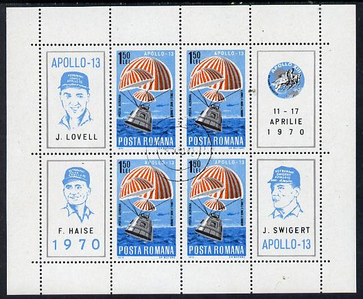 Rumania 1970 Apollo 13 m/sheet containing block of 4 plus 4 labels cto used as SG 3743, Mi BL 77, stamps on , stamps on  stamps on space, stamps on  stamps on parachutes