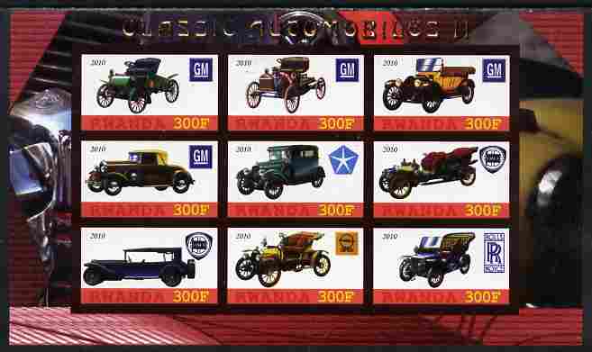 Rwanda 2010 Classic Cars #2 imperf sheetlet containing 9 values unmounted mint, stamps on , stamps on  stamps on cars