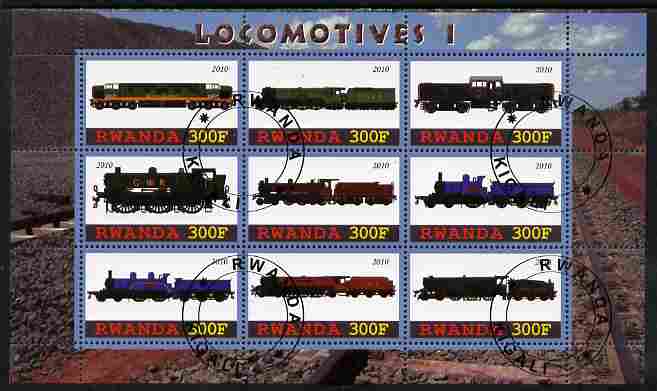 Rwanda 2010 Locomotives #1 perf sheetlet containing 9 values fine cto used, stamps on railways