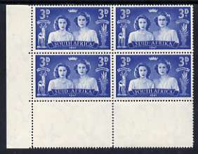 South Africa 1947 KG6 Royal Visit 3d unmounted mint positional corner block of 4 including R19/2 Blinded Princess variety, stamps on royalty, stamps on royal visit, stamps on  kg6 , stamps on 