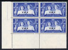 South West Africa 1947 KG6 Royal Visit 3d unmounted mint positional corner block of 4 including R19/2 Blinded Princess variety, stamps on royalty, stamps on royal visit, stamps on  kg6 , stamps on 