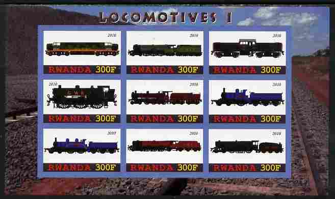 Rwanda 2010 Locomotives #1 imperf sheetlet containing 9 values unmounted mint, stamps on railways