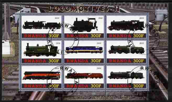 Rwanda 2010 Locomotives #2 perf sheetlet containing 9 values fine cto used, stamps on , stamps on  stamps on railways