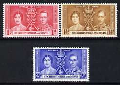 St Kitts-Nevis 1937 KG6 Coronation perf set of 3 unmounted mint, SG 65-67, stamps on royalty, stamps on , stamps on  kg6 , stamps on , stamps on coronation