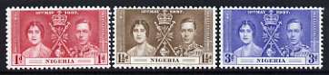 Nigeria 1937 KG6 Coronation perf set of 3 unmounted mint, SG 46-48, stamps on , stamps on  stamps on royalty, stamps on  stamps on , stamps on  stamps on  kg6 , stamps on  stamps on , stamps on  stamps on coronation