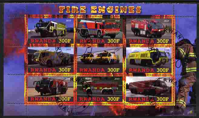Rwanda 2010 Fire Engines perf sheetlet containing 9 values fine cto used, stamps on fire