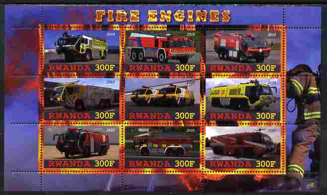 Rwanda 2010 Fire Engines perf sheetlet containing 9 values unmounted mint, stamps on fire