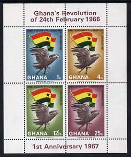 Ghana 1967 First Anniversary of Revolution perf m/sheet unmounted mint SG MS 459 (white frame), stamps on birds, stamps on birds of prey, stamps on eagles, stamps on revolutions, stamps on flags
