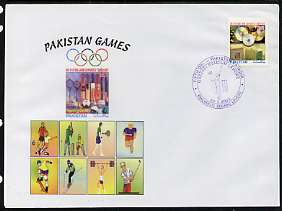 Pakistan 2004 commem cover for Pakistan Games with special illustrated cancellation for Fifth One Day International - Pakistan v India (cover shows Football, Tennis, Runn..., stamps on sport, stamps on cricket, stamps on football, stamps on tennis, stamps on running, stamps on skate boards, stamps on skiing, stamps on weightlifting, stamps on golf