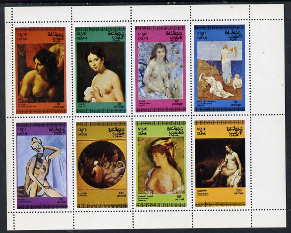 Oman 1972 Paintings of Nudes perf set of 8 values (1b to 20b) unmounted mint, stamps on arts, stamps on nudes, stamps on picasso, stamps on renoir, stamps on manet, stamps on rembrandt, stamps on ingres, stamps on david