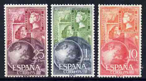 Spain 1964 World Stamp Day perf set of 3 unmounted mint, SG 1656-58, stamps on stamp centenary, stamps on stamp on stamp, stamps on stamponstamp