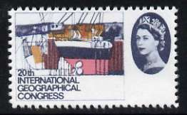 Great Britain 1964 Geographical Congress 4d (Shipbuilding Yard) with violet (face value) omitted,  'Maryland' perf forgery 'unused' as SG 652a - the word Forgery is either handstamped or printed on the back and comes on a presentation card with descriptive notes, stamps on maryland, stamps on forgery, stamps on forgeries