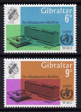 Gibraltar 1966 World Health Organisation perf set of 2 unmounted mint, SG 193-94, stamps on , stamps on  stamps on united nations, stamps on  stamps on  who , stamps on  stamps on medical